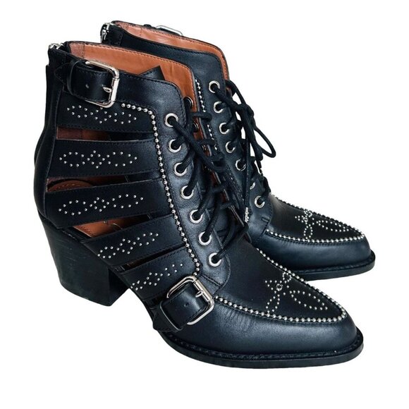 Coach Studded Leather Lace Up Heeled Booties Cutout Western Style size 8.5 - Picture 1 of 5